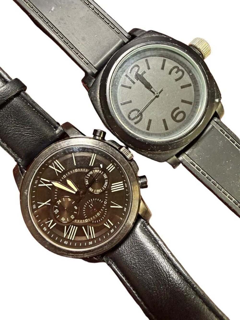 Lot of 2 Quartz Analog Wristwatches Black Bands Black/Gray Dials 42mm